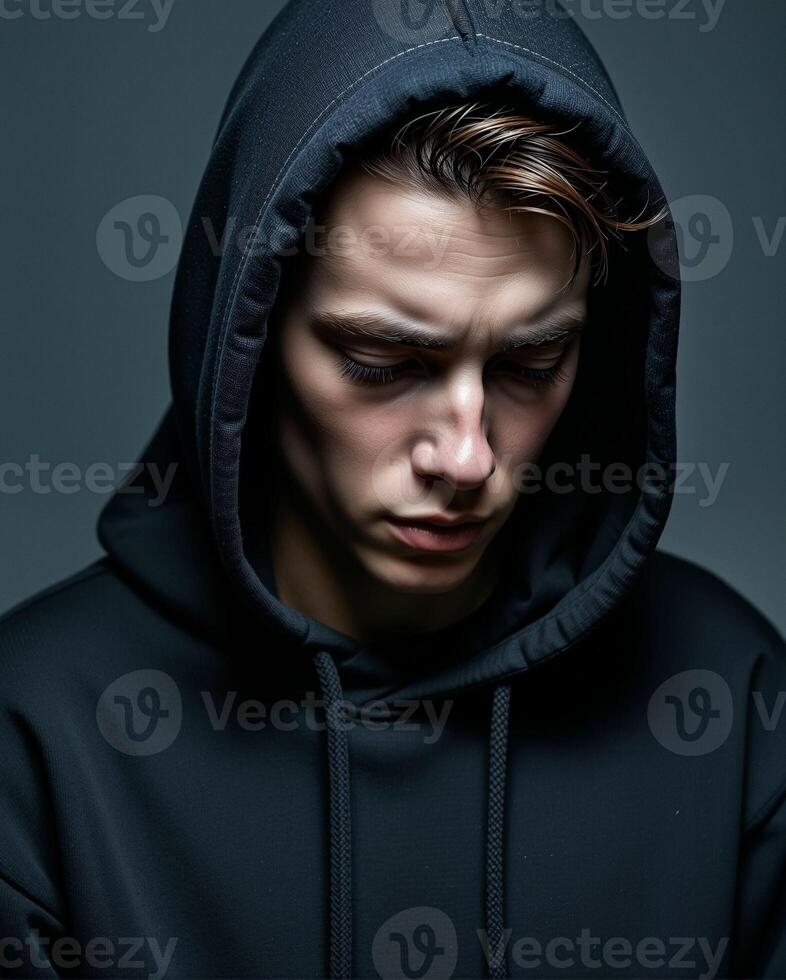 Portrait of a Young Man in a Hoodie with a Thoughtful Expression photo