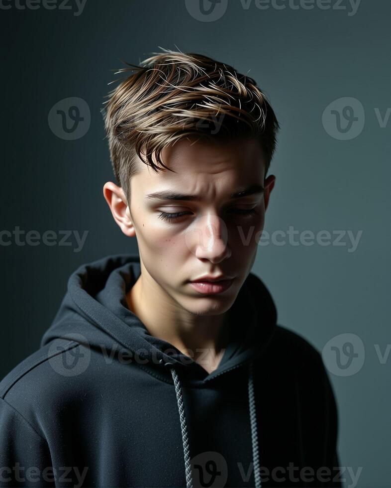 Young Male with Stylish Hair in Casual Black Hoodie Portrait Shot photo