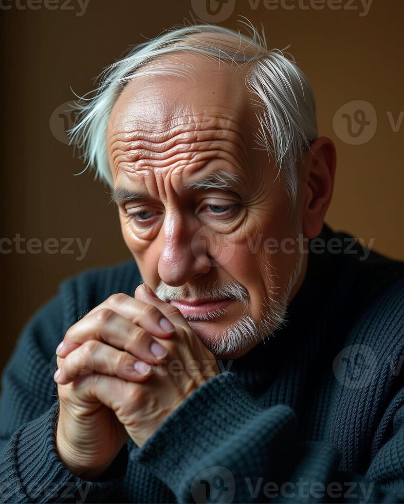 Thoughtful elderly man in deep contemplation with furrowed brow photo