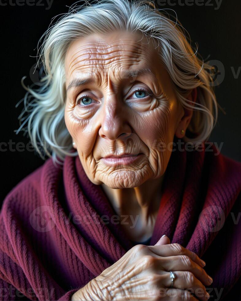 Elderly Woman with Soft Expression in Cozy Red Fabric Setting photo