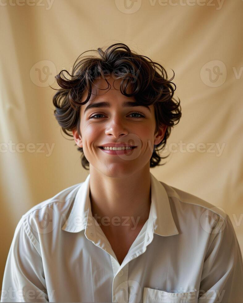 Happy Young Man Smiling in Casual White Shirt with Soft Background photo