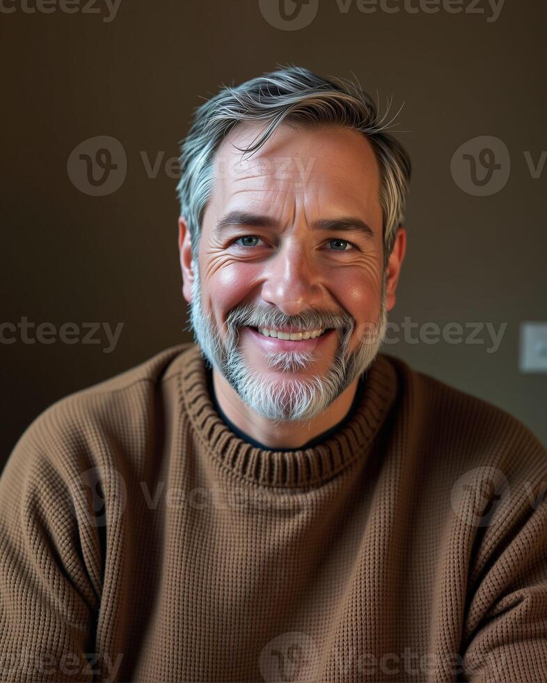 Cheerful mature man with gray hair smiling in cozy indoor setting photo