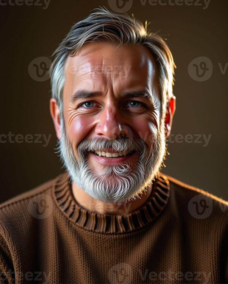 Joyful mature man with beard smiling in warm natural light photo