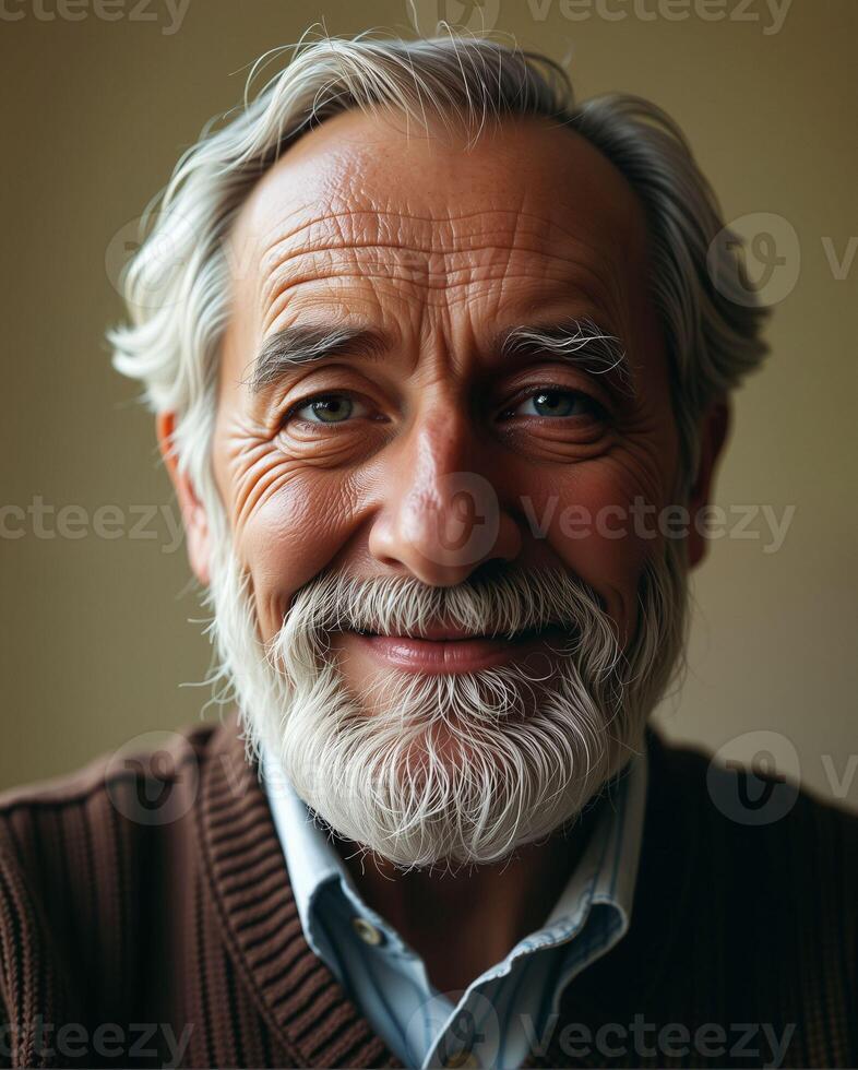 Smiling Elderly Man with Gray Hair and Beard in Warm Lighting photo