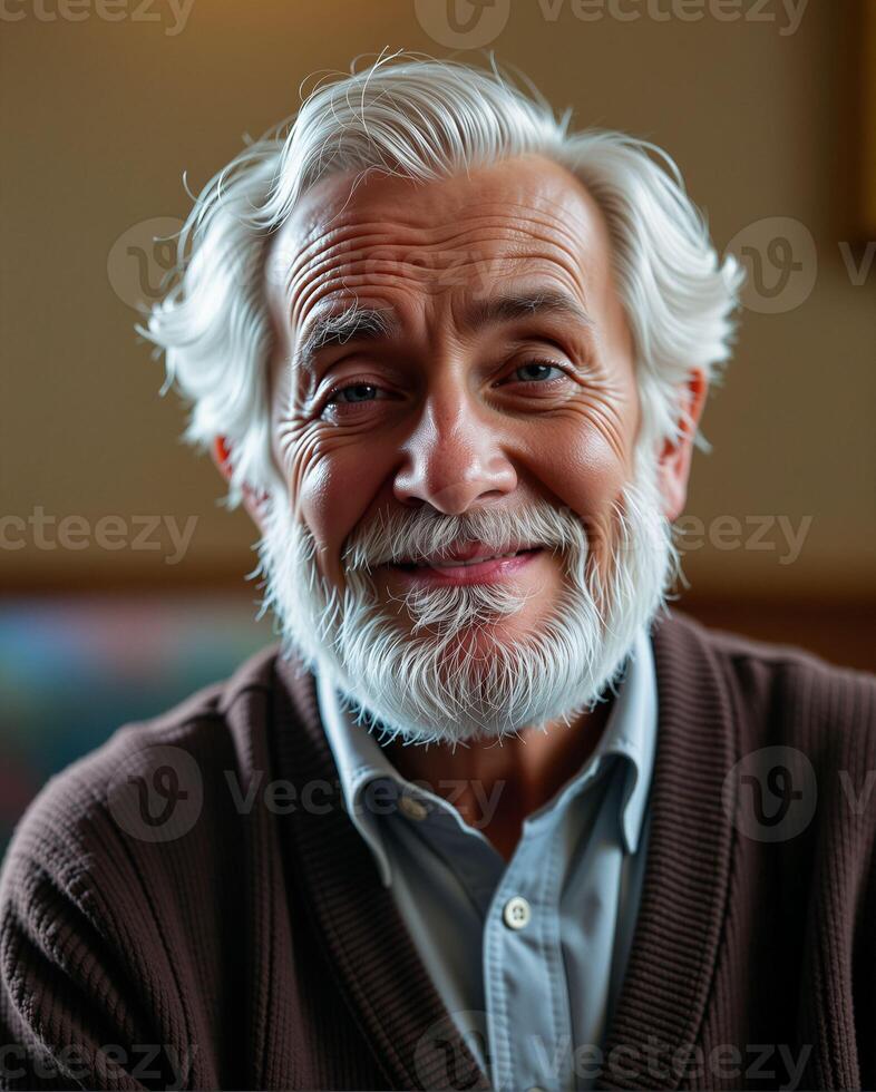 Smiling elderly man with white hair and beard wearing cardigan indoors photo