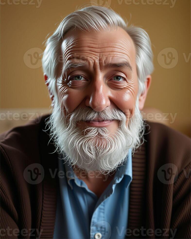 Smiling elderly man with gray hair and beard in cozy indoor setting photo