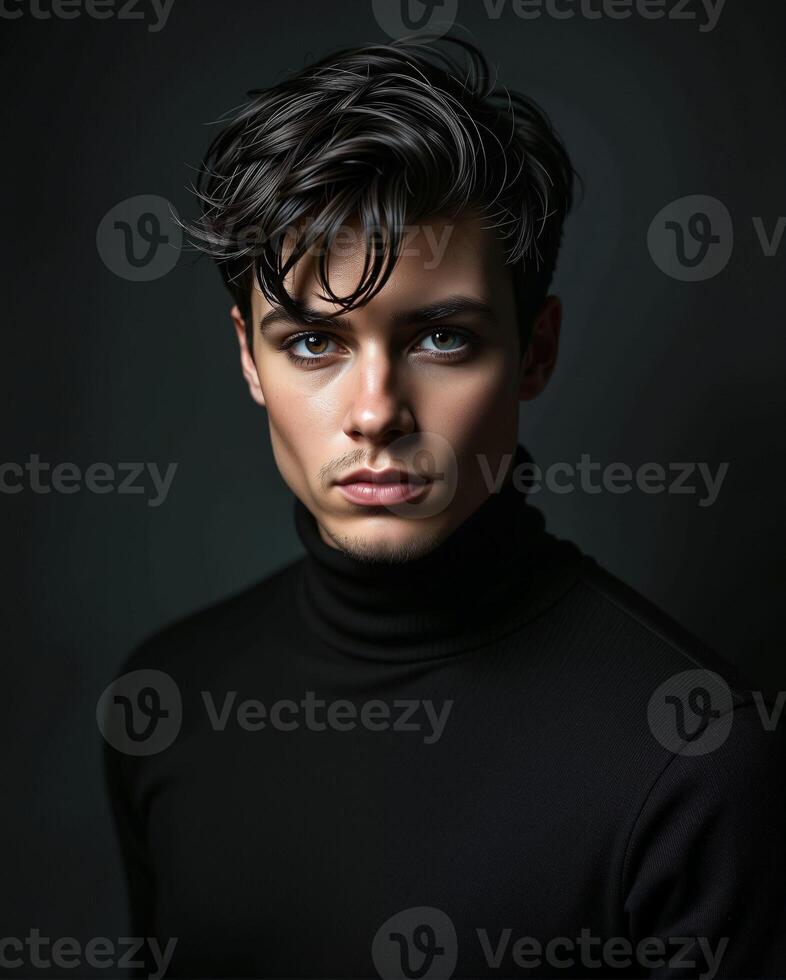 Portrait of a Young Man in Black Turtleneck with Intense Expression photo