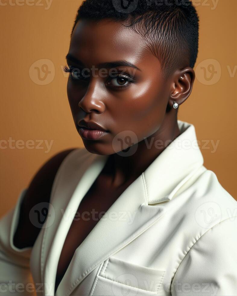 Elegant Portrait of a Confident Woman in Modern Fashion Attire photo