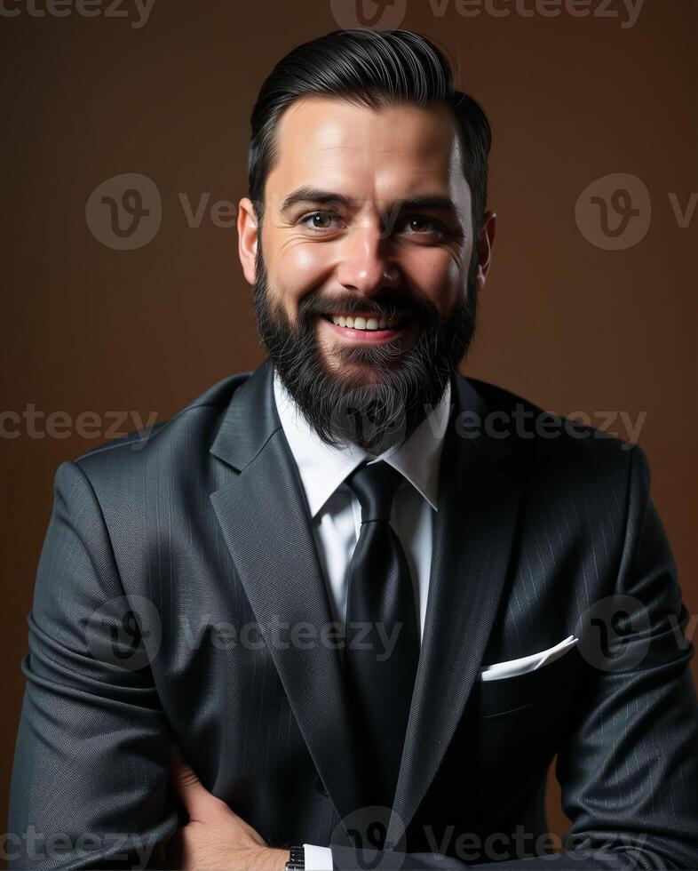 Confident Businessman in Suit with Beard Against Brown Background photo