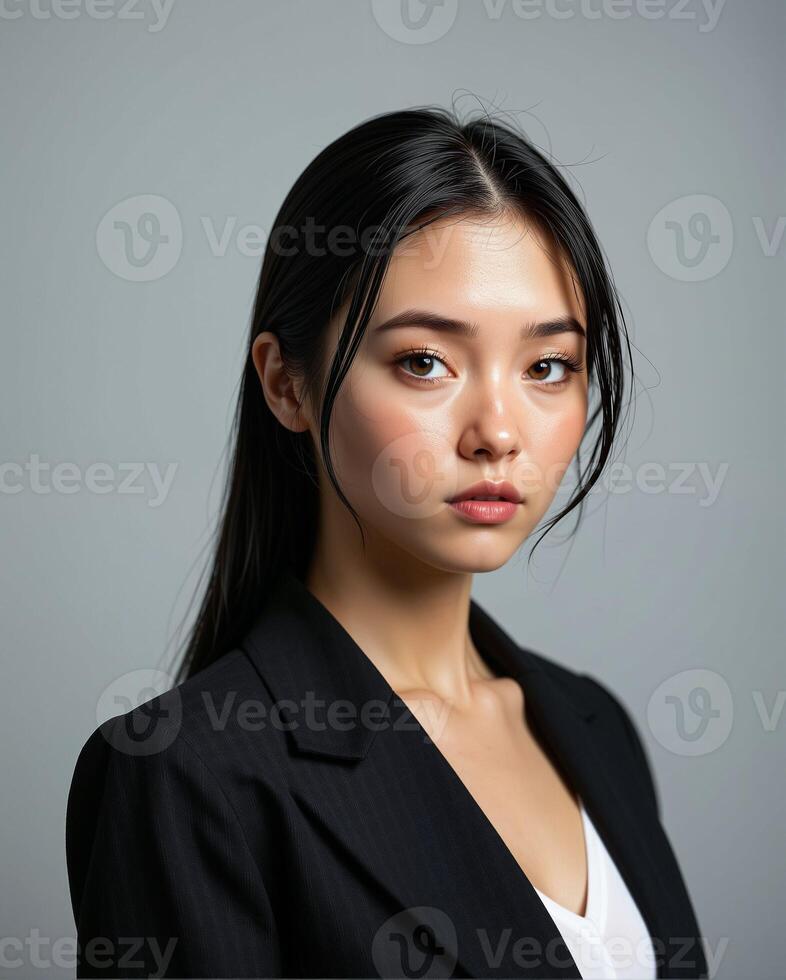 Stylish Young Woman in Professional Attire Against Gray Background photo