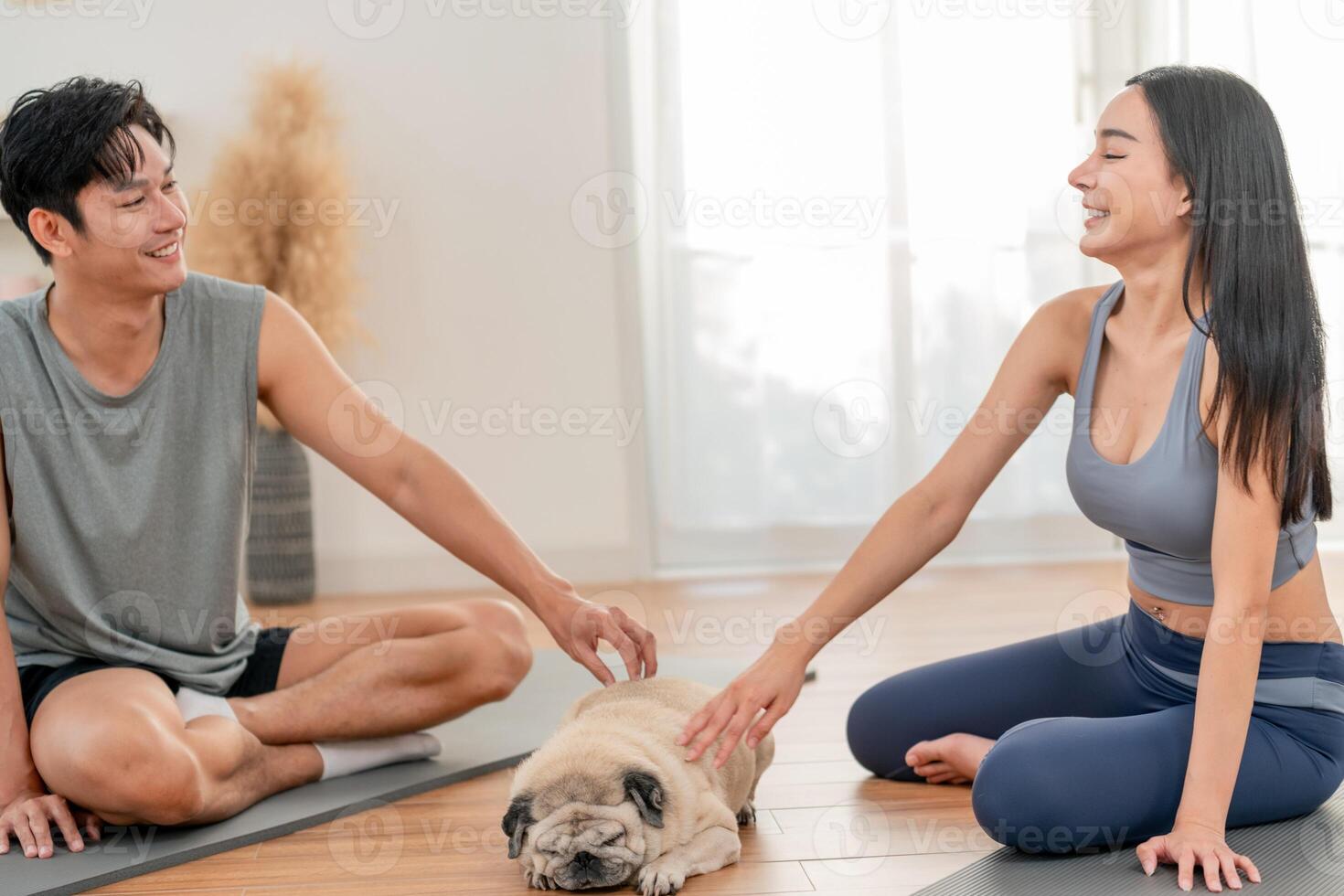 Couples practicing yoga together with their pet dog in a bright, serene home environment during morning hours photo