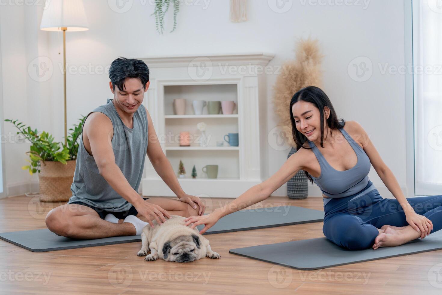 Couple enjoys a relaxing yoga session with their pet dog in a serene indoor space during a sunny morning photo