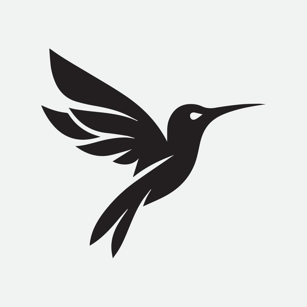 A stylized, black silhouette of a hummingbird in flight, positioned against a light gray background. vector