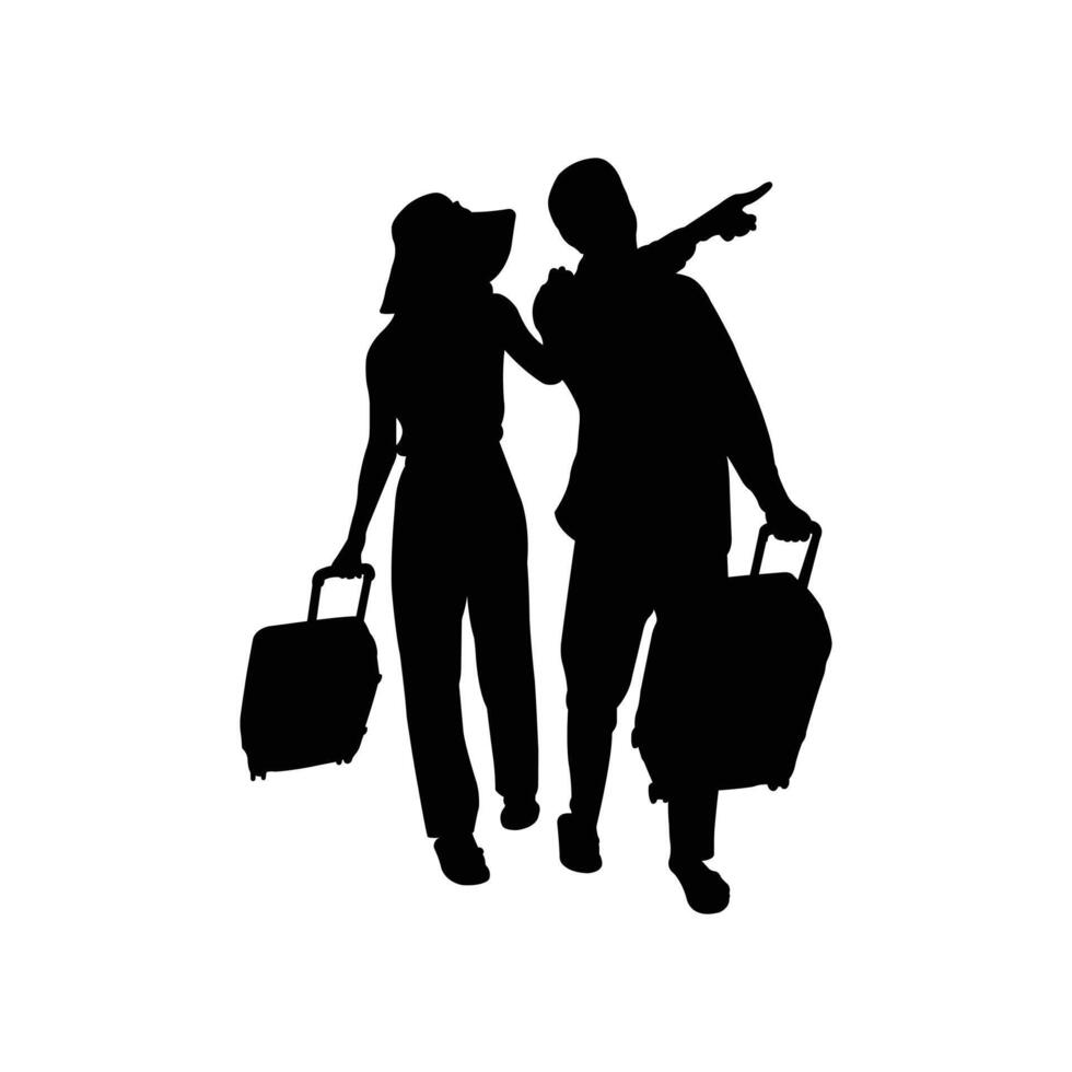 Travel Silhouette of Tourists Walking with Luggage. vector
