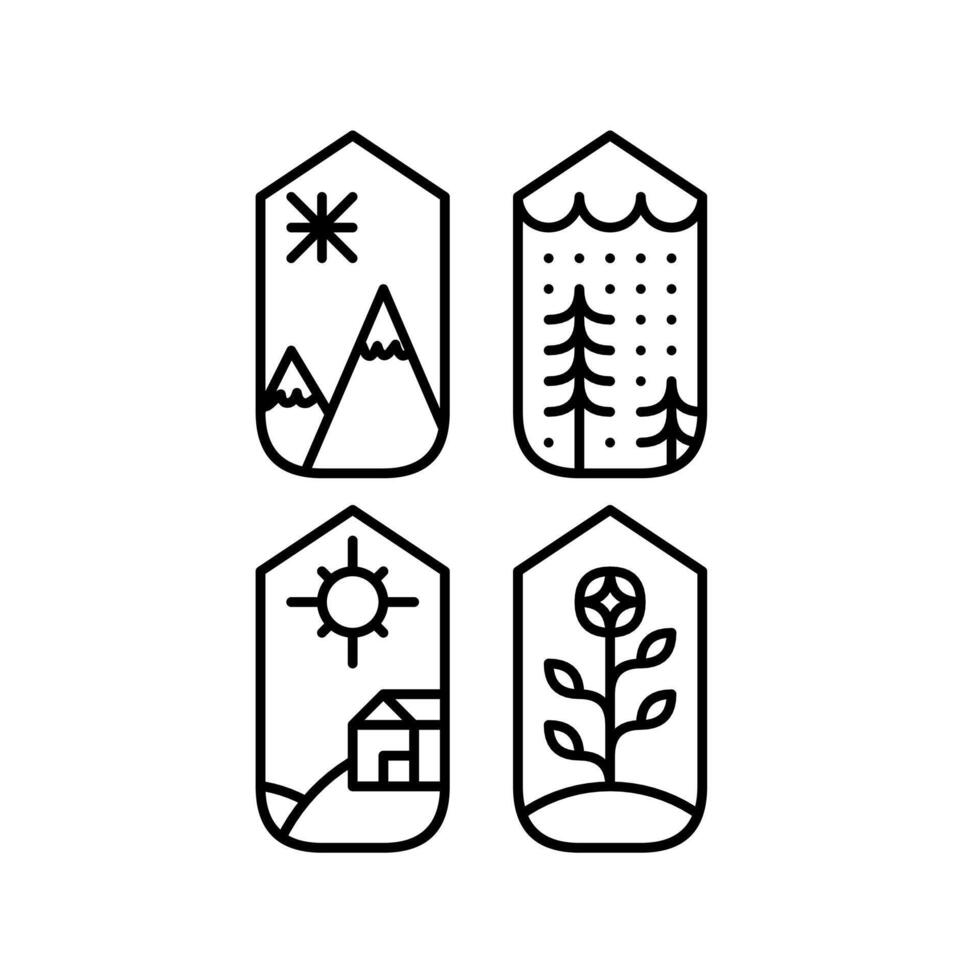 Nature Landscape outline in frame with mountains, rainforest, village, and flower vector