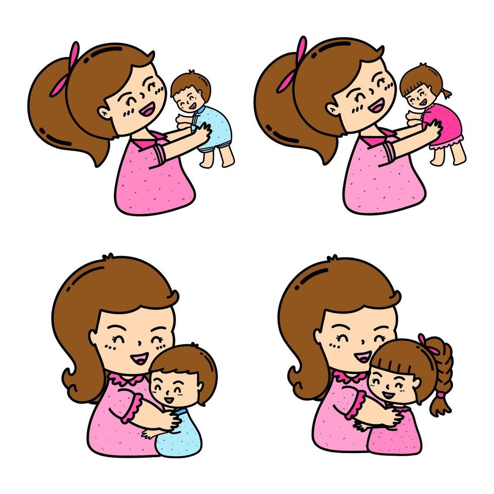 Cartoon of a mother holding or hugging her child, the bond that occurs between a mother and child, the concept of a mother's love for her child, the concept and feelings of Mother's Day. vector