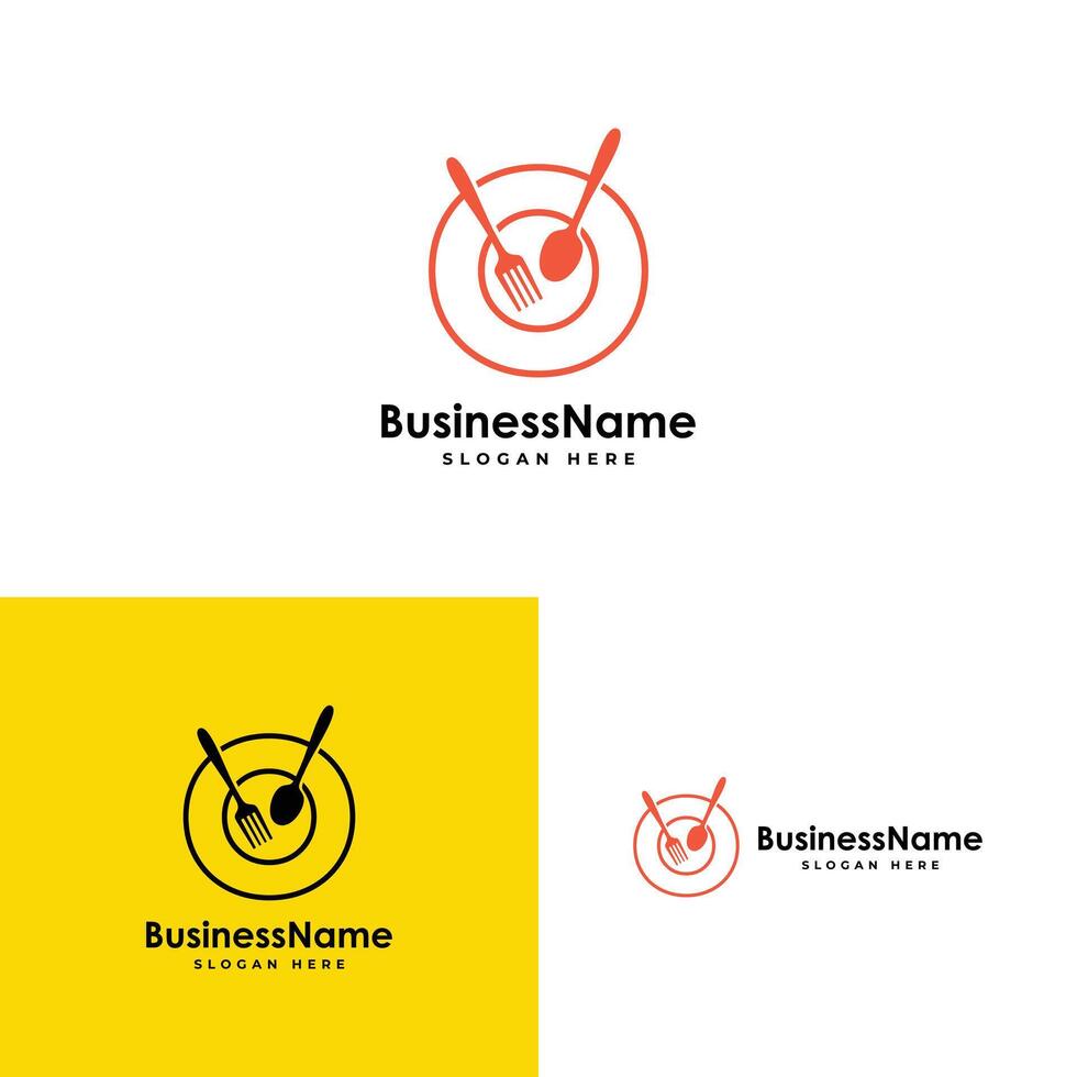 Outline style plate with fork and spoon for restaurant logo design vector