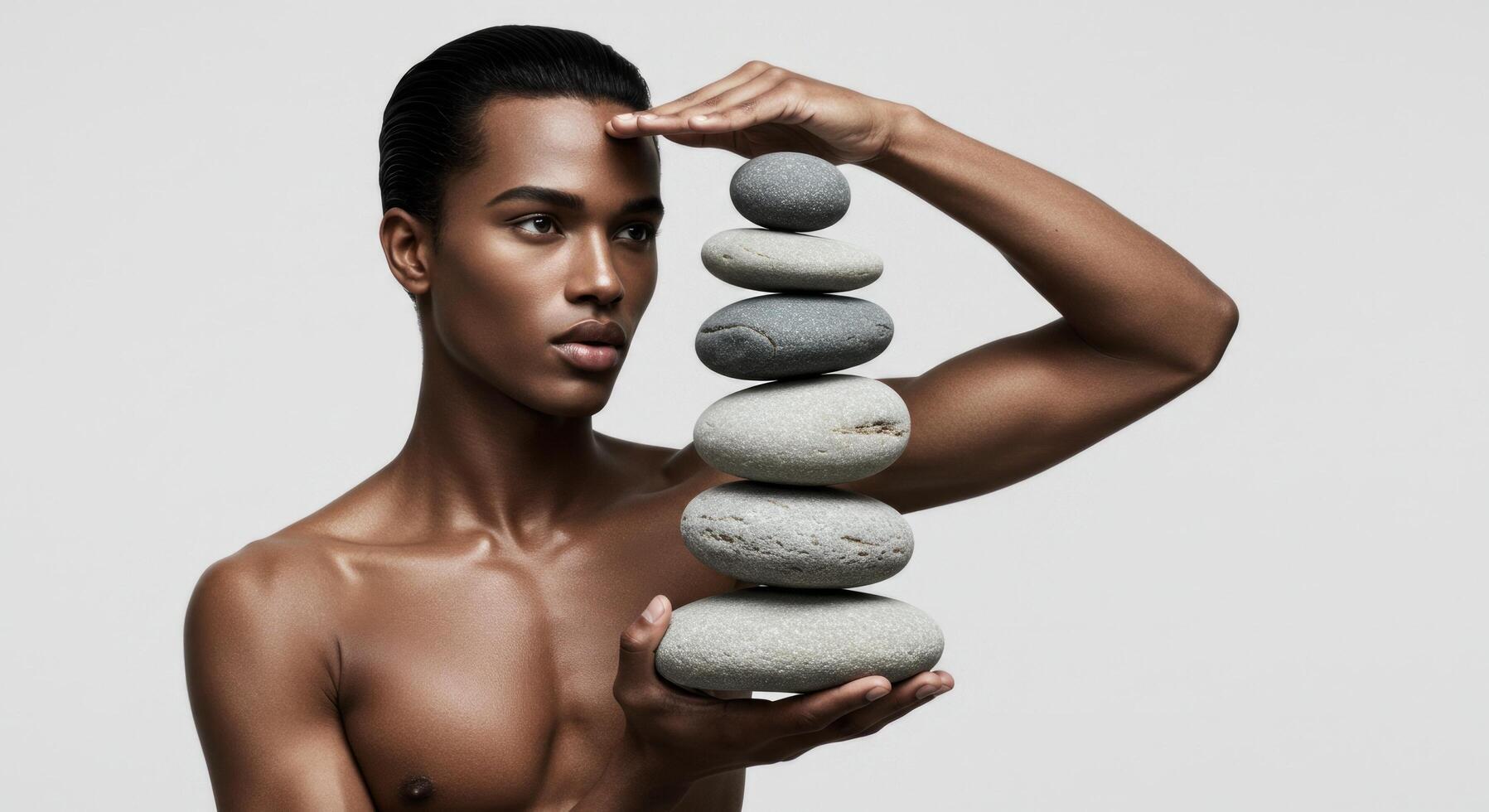 Serene Man Balancing Stones. A Study in Mindfulness and Tranquility photo