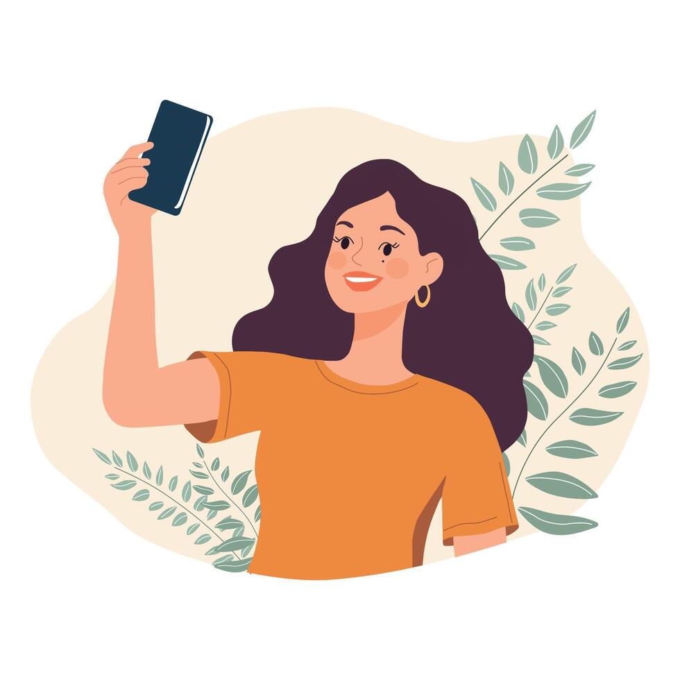 Woman takes a selfie on a smartphone camera with leaves in the background vector