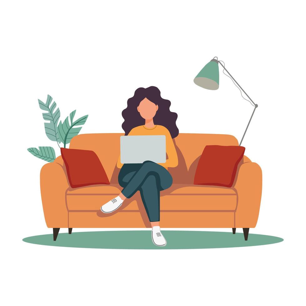 Girl with a laptop is sitting on the couch. A freelancer or a student. Cute illustration in a flat style. vector