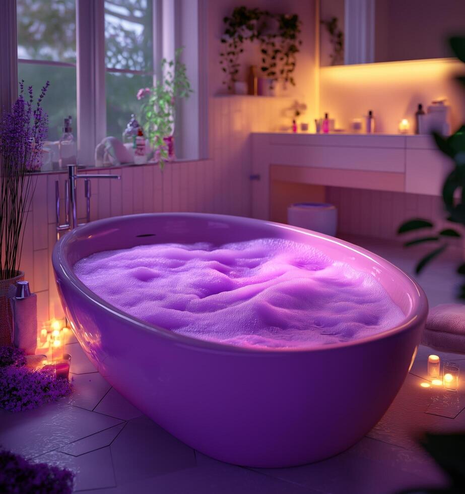 Serene Lavender Bath. A Luxurious Purple Soak in a Dreamy Bathroom photo