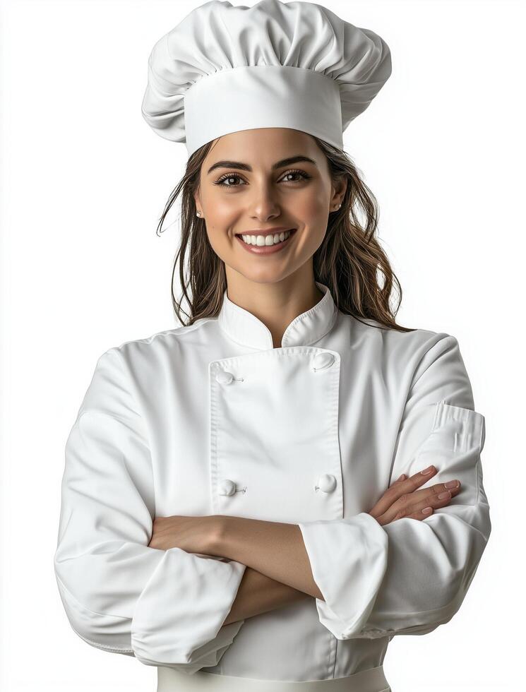 Confident Female Chef Portrait. Culinary Expertise and Passion in a White Chef's Uniform photo