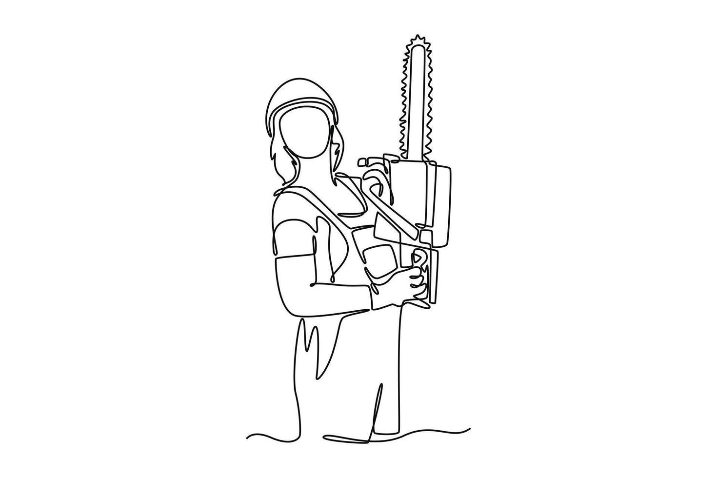 Single one line drawing strong woman lumberjack cutting big logs with her chainsaw. Beautiful female woodworker in logging wood industry. Modern continuous line draw design graphic illustration vector