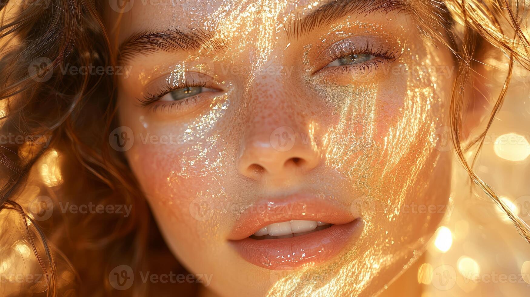 The model with her eyes closed and transparent golden liquid covering her entire face. 2 photo