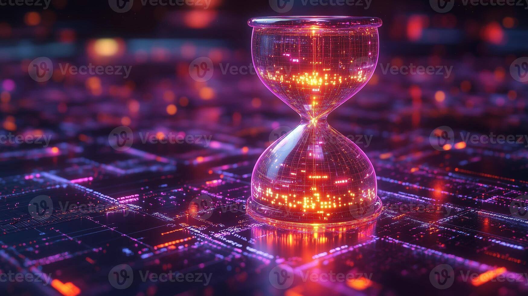 A shimmering digital hourglass floating in cyberspace. 4 photo