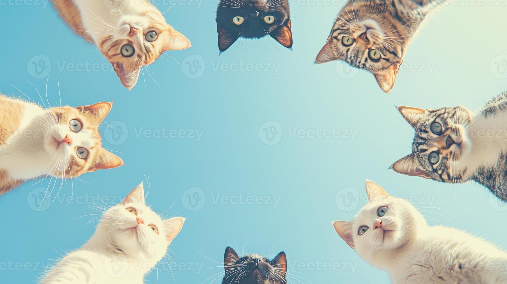 From a bottom-up perspective, eight cats form a circle and the on the background. 11 photo