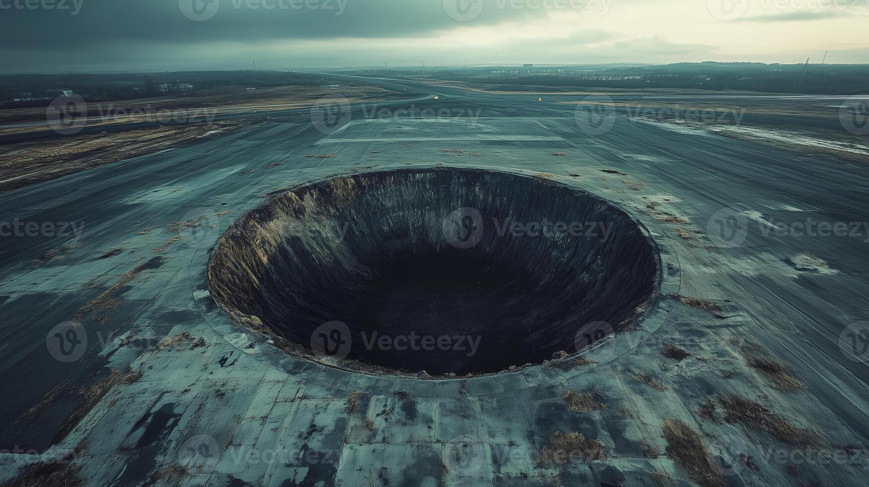 Very large, circular, dark, empty, bottomless sinkhole in the middle of an airfield strip. 4 photo