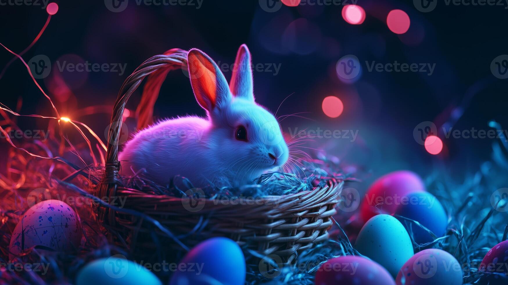 Abstract colorful Easter eggs in basket and rabbit on black technology background. 15 photo
