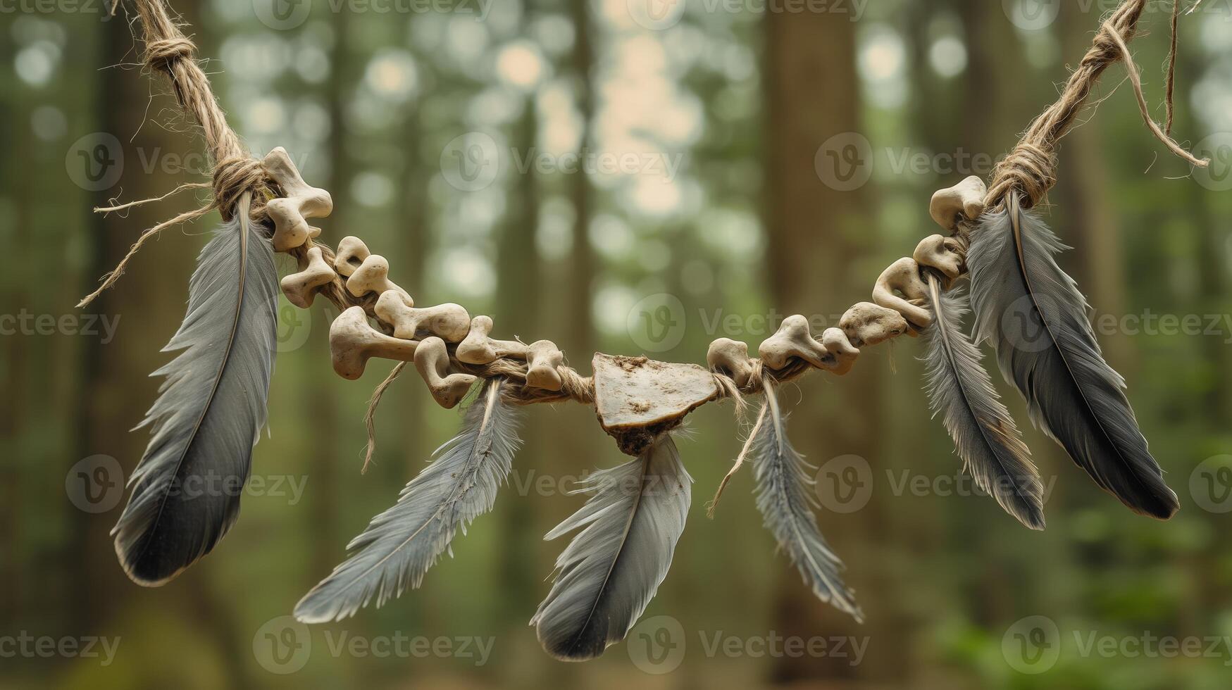 The necklace with weathered bones and dull gray feathers against a forest background. 10 photo