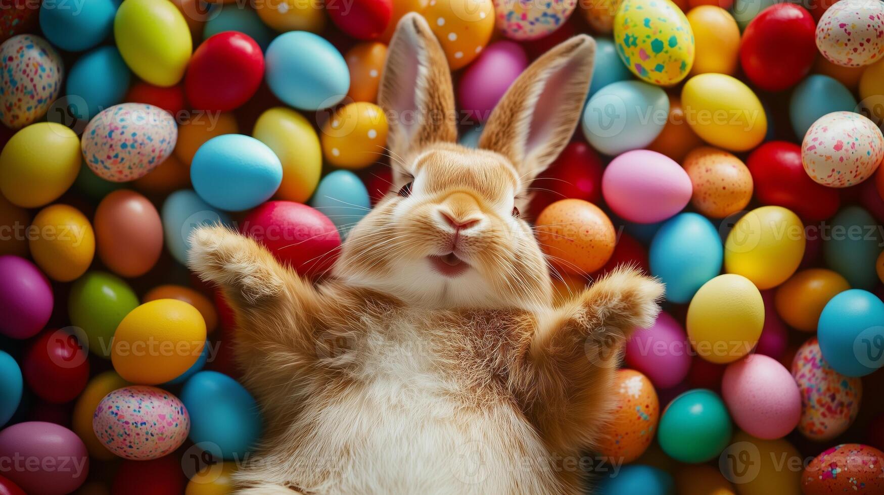 Top view of Easter smiling funny bunny laying on the back with a lot of colorful eggs. 15 photo