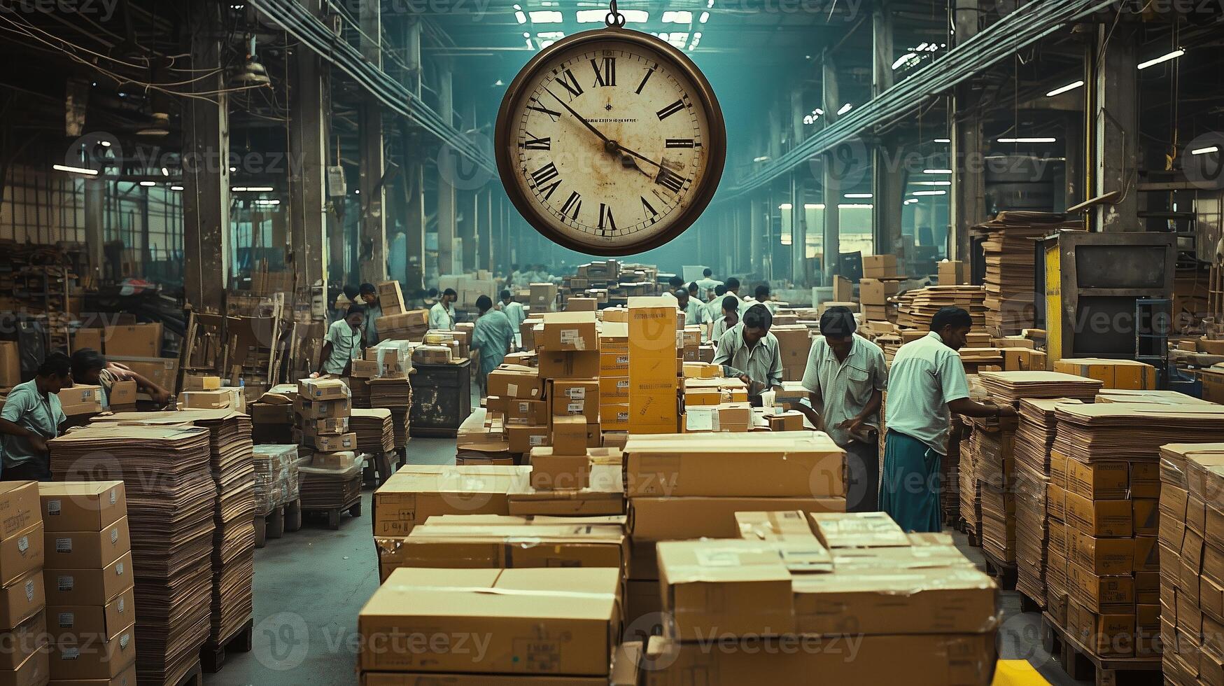 A clock hangs in the center of an Indian factory hall, surrounded by boxes and workers. 2 photo