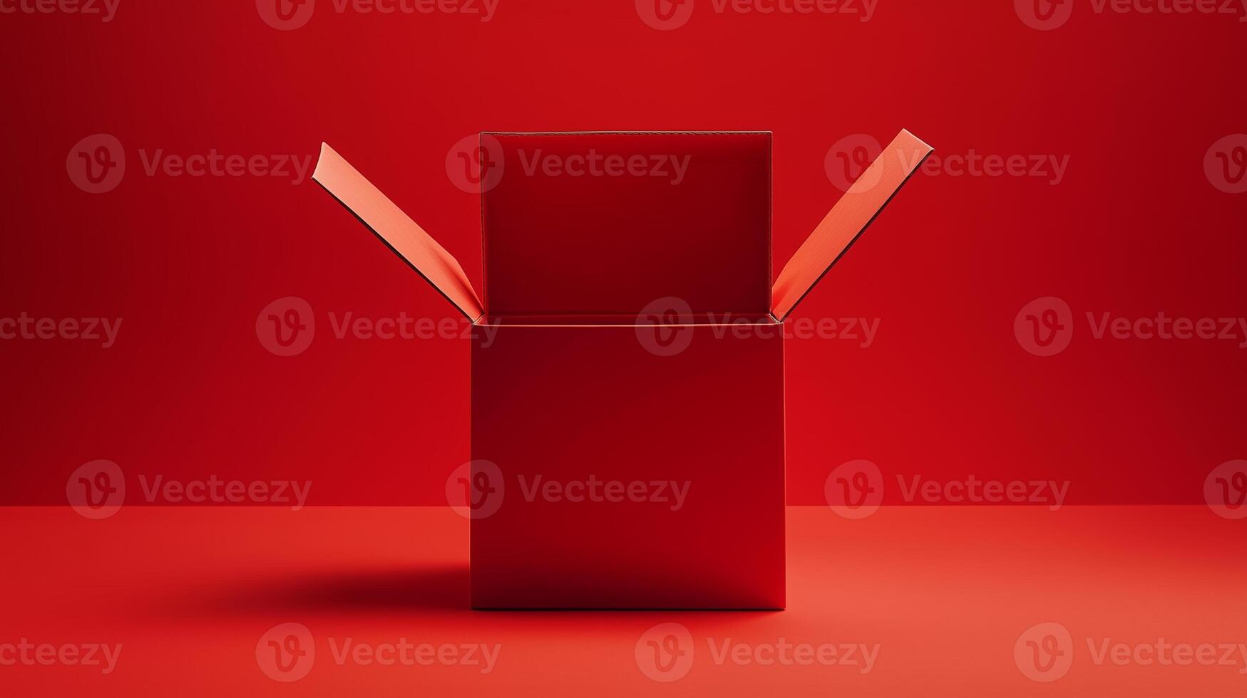 Empty red present carton box with lid opened, isolated on red background. 1 photo