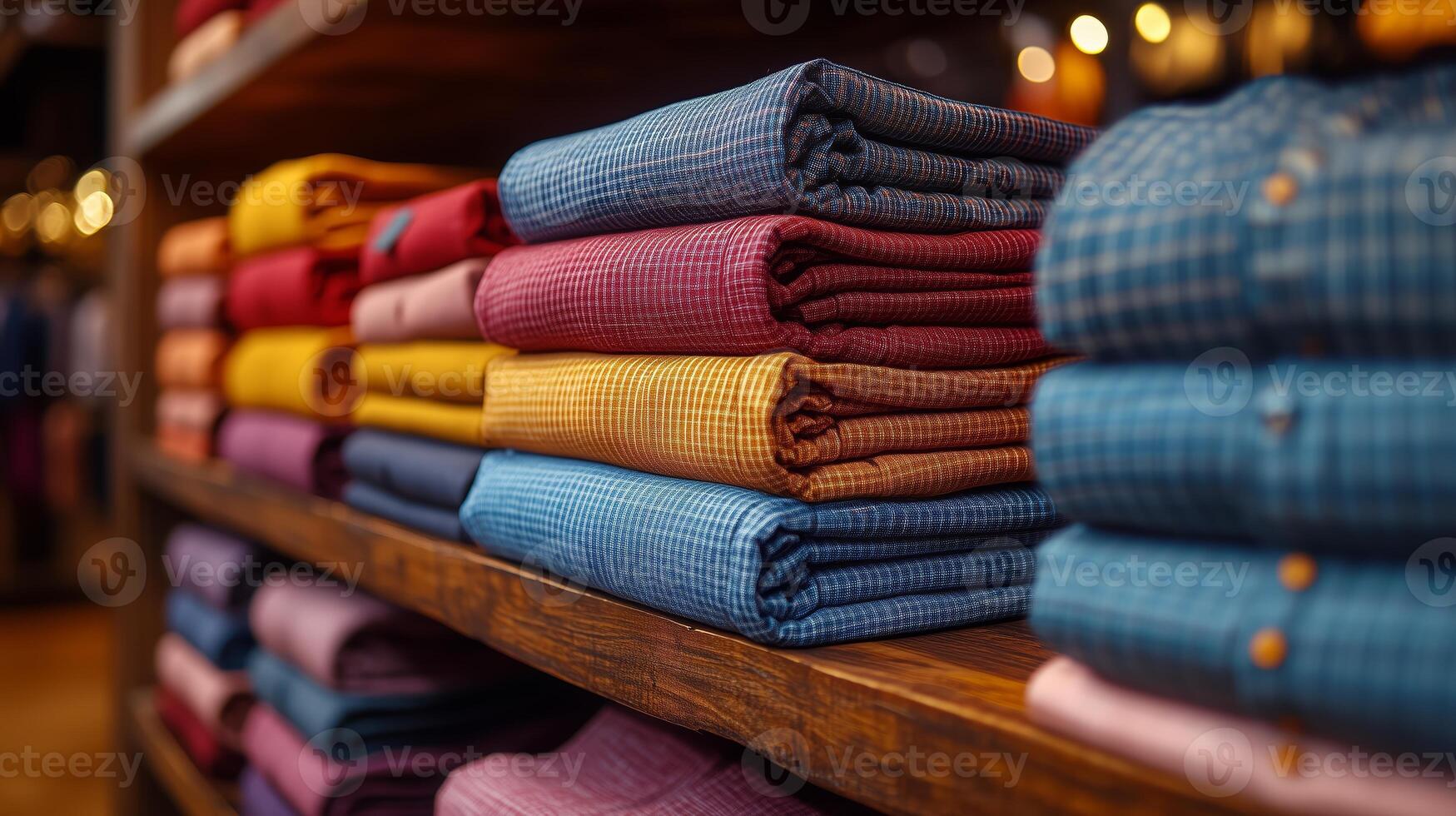 A close up shot of women's shirts folded on a display shelf. 11 photo