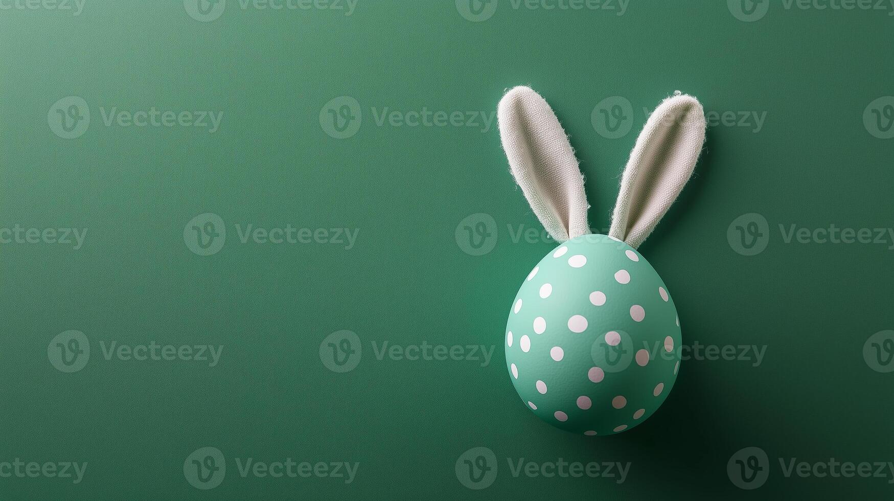 Green polka-dot egg with bunny ears on a green background. 15 photo