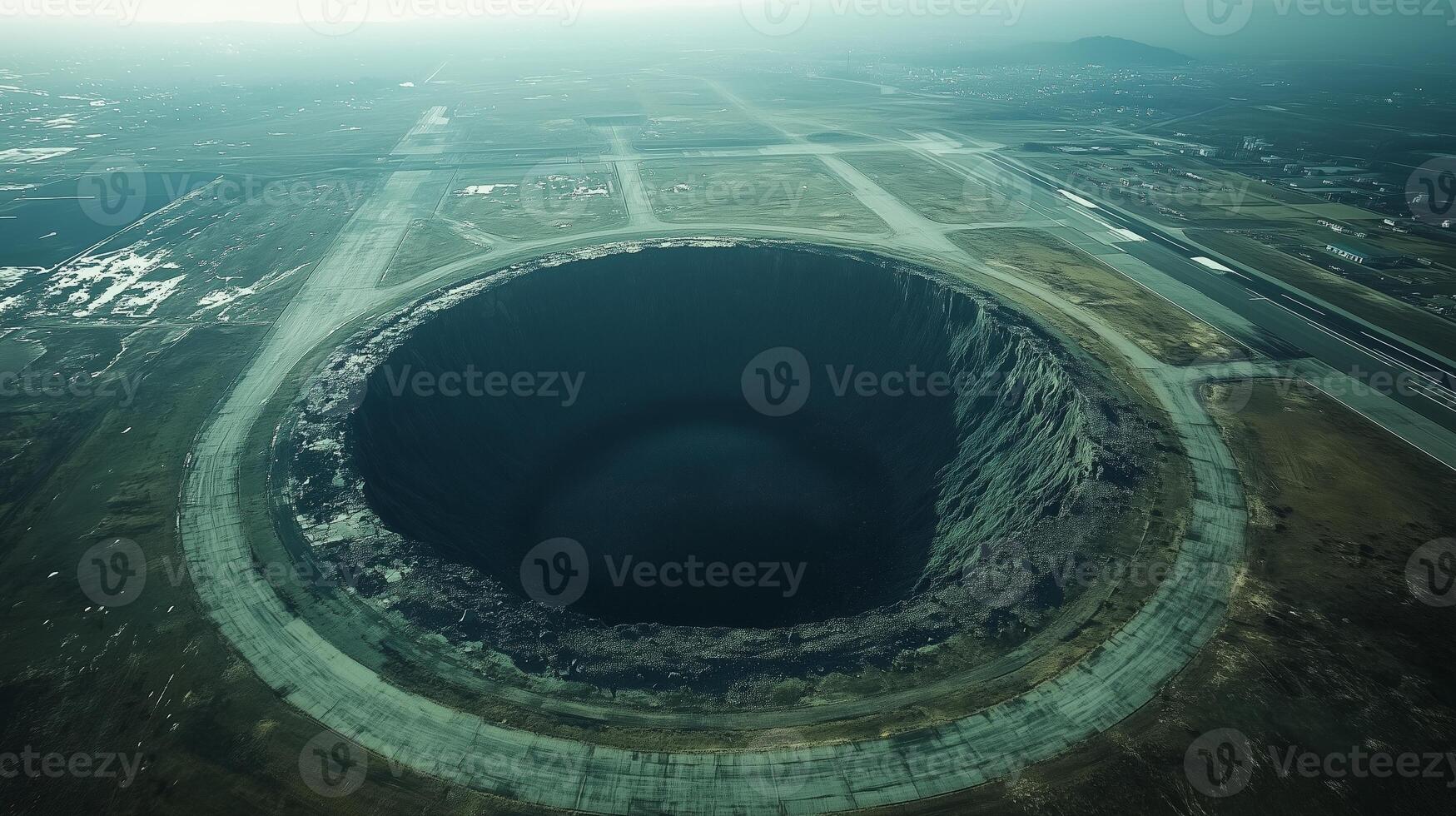 Very large, circular, dark, empty, bottomless sinkhole in the middle of an airfield strip. 5 photo