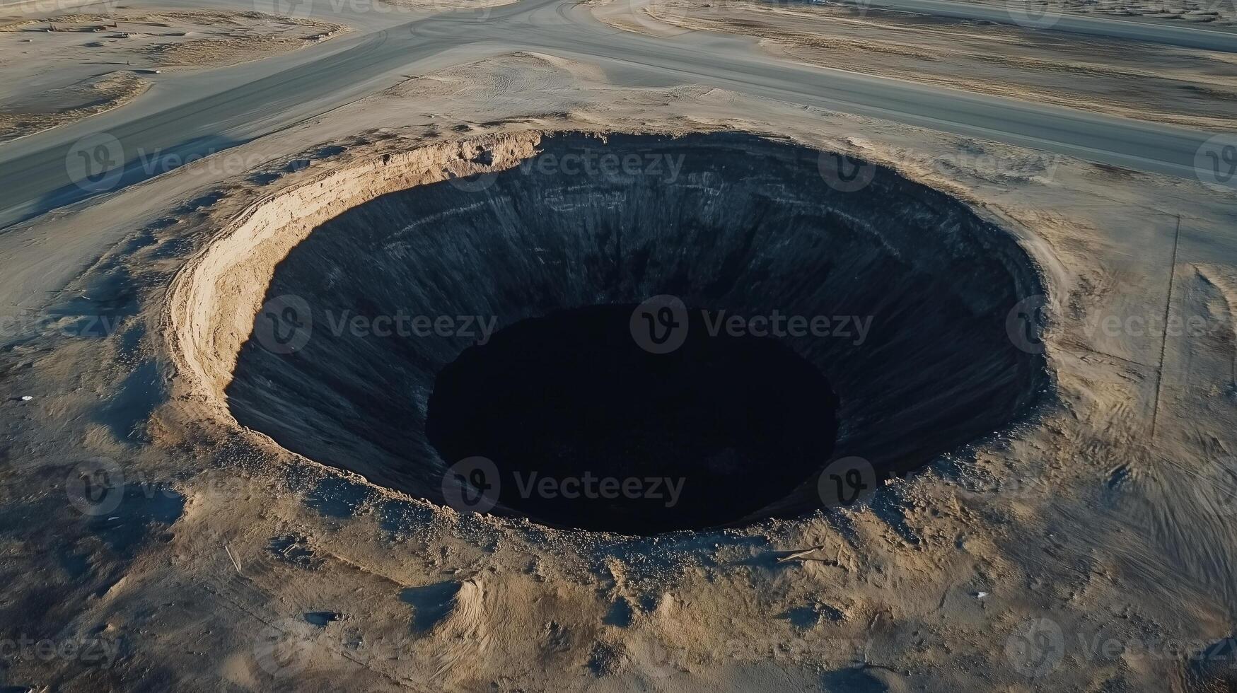 Very large, circular, dark, empty, bottomless sinkhole in the middle of an airfield strip. 6 photo