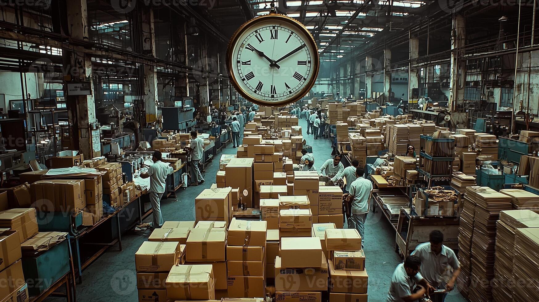 A clock hangs in the center of an Indian factory hall, surrounded by boxes and workers. 3 photo