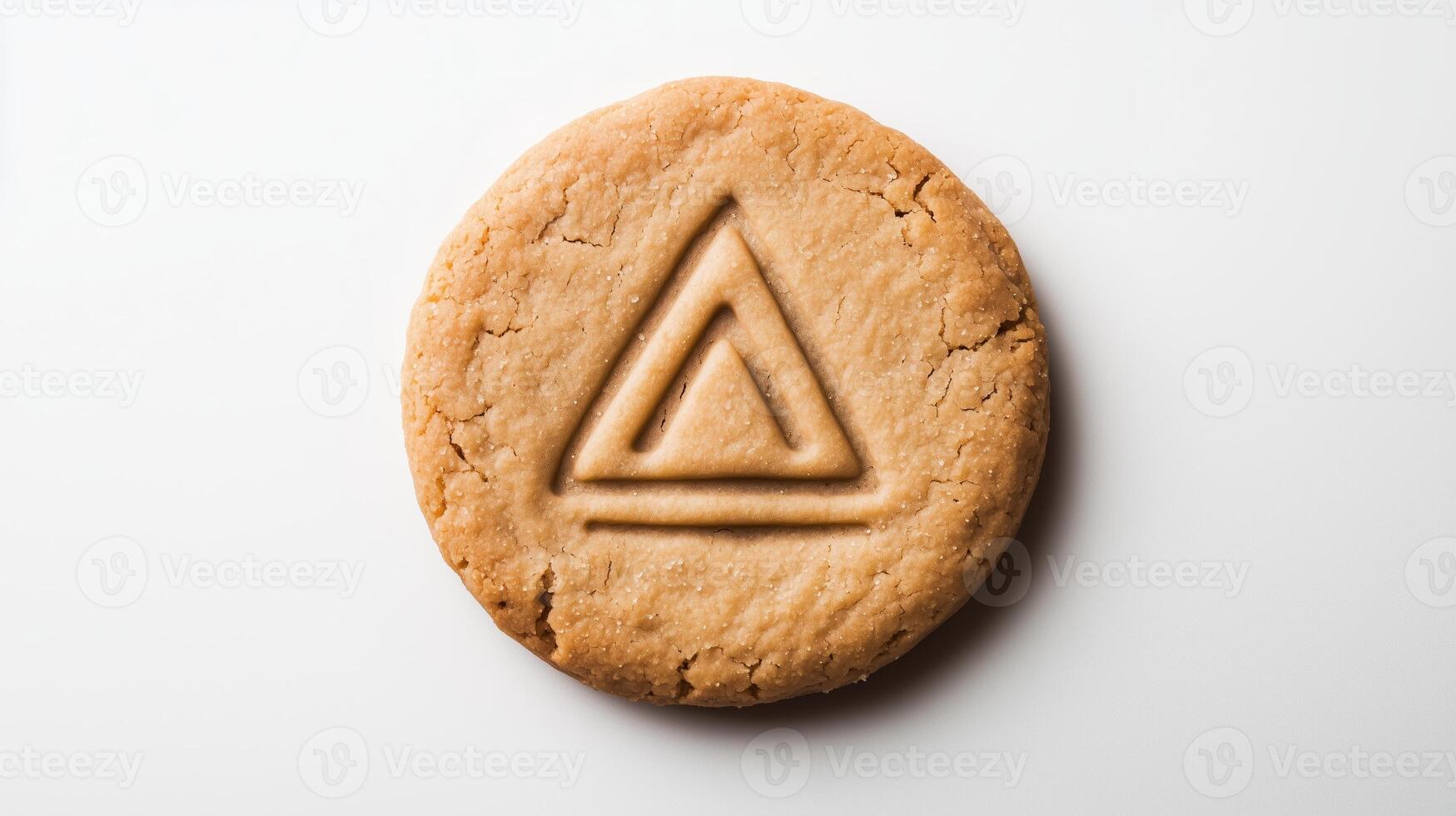 Circular cookie with the triangle simple icon on it, isolated on solid white background. 10 photo