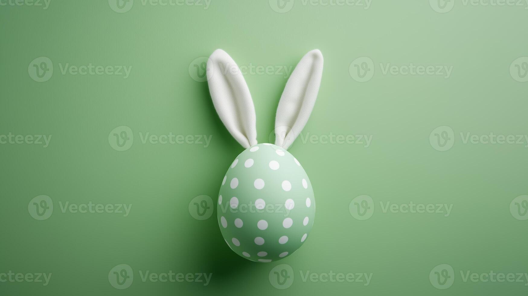 Green polka-dot egg with bunny ears on a green background. 16 photo