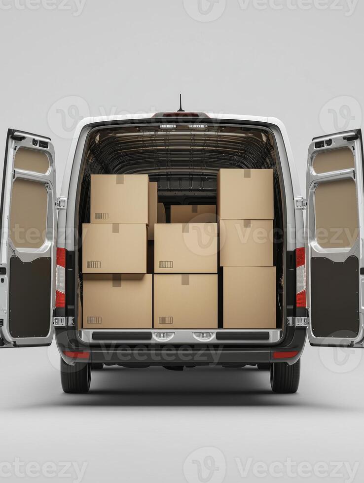 Modern delivery van with open doors, and cardboard boxes inside, isolated on a light background. photo