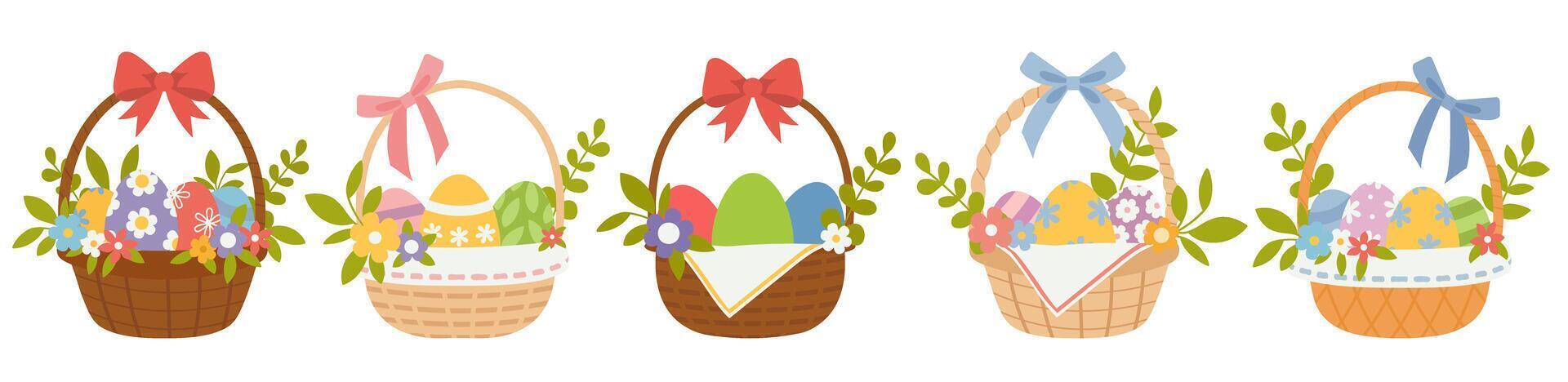 Wicker basket full of painted eggs and spring flowers with blue bow vector