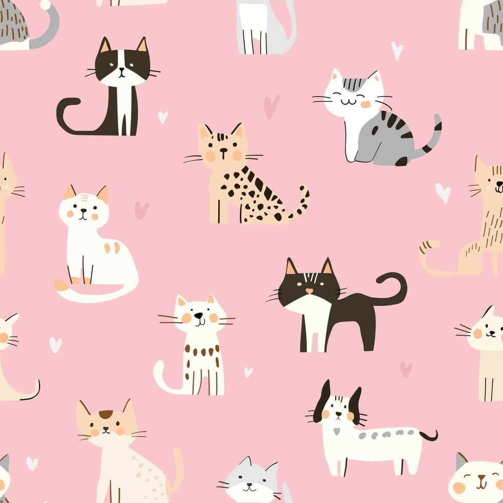 Seamless pattern of cute cartoon cats on a soft pink background with small hearts, designed in a flat and minimalist style vector
