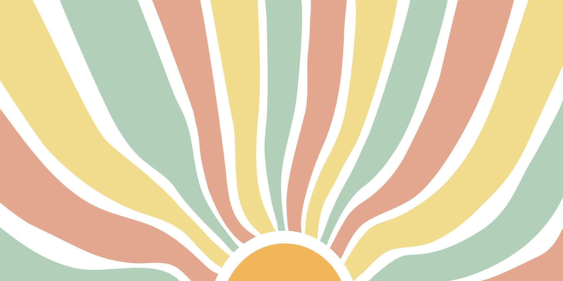 Abstract sunburst background with retro colors, yellow and green wavy lines, reminiscent of retro 70s design, modern minimalism vector