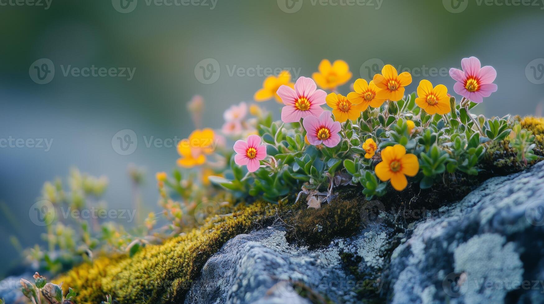 Beautiful closeup of flowers, moss and tree leaves on top of a hill. 12 photo