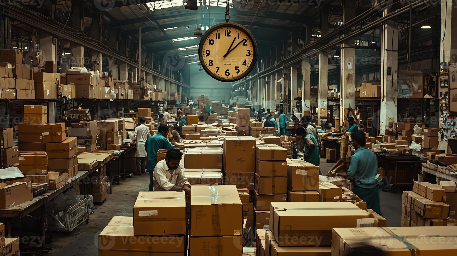 A clock hangs in the center of an Indian factory hall, surrounded by boxes and workers. 4 photo