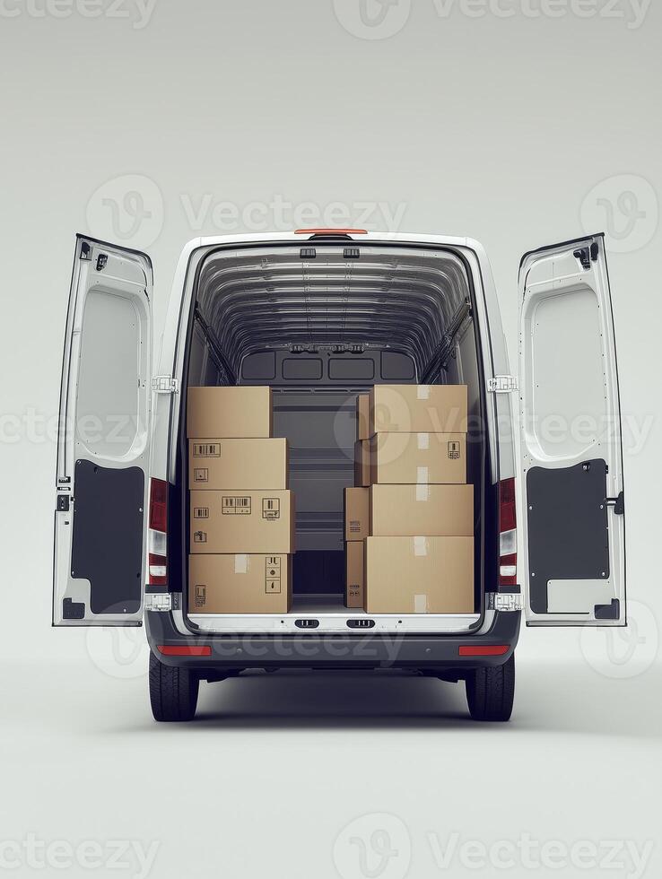 Modern delivery van with open doors, and cardboard boxes inside, isolated on a light background. 2 photo